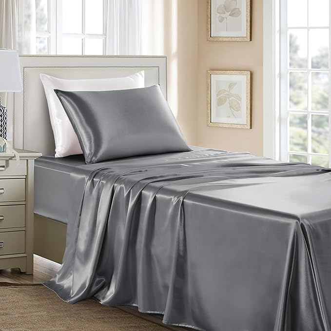 Satin Sheets Twin XL Size - 3 Pieces Luxury Silky Soft Bed Sheets, Wrinkle-Free Dark Grey Satin Silk Sheet Set with 1 Deep Pocket Fitted Sheet, 1 Flat Sheet, 1 Pillow case