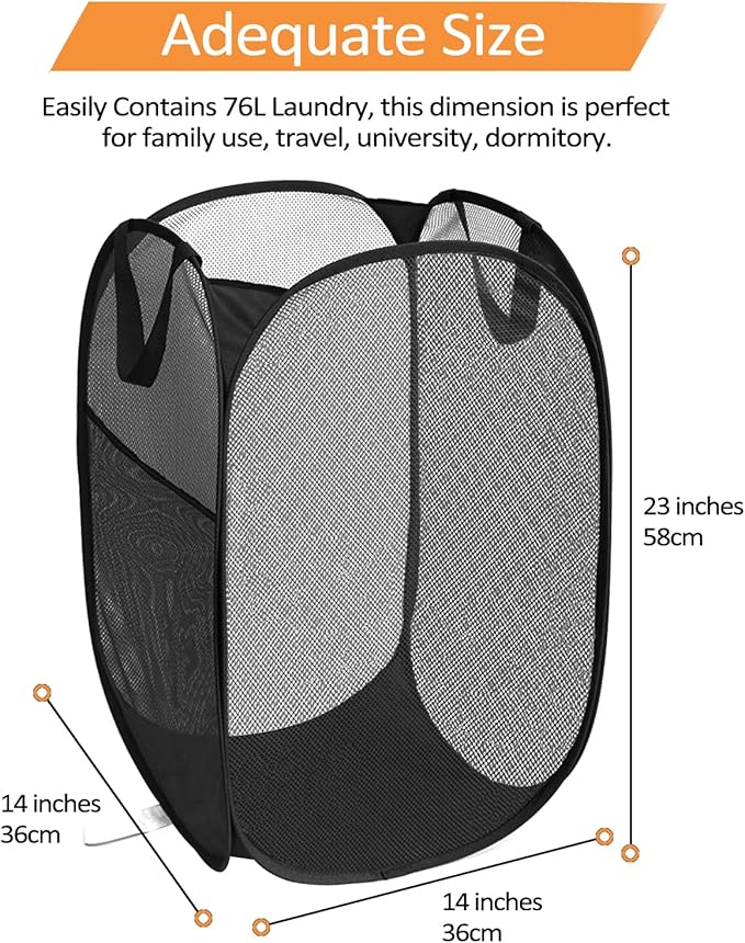 Durable Collapsible Laundry Baskets - Reinforced Mesh Pop Up Laundry Hamper with Pocket, Foldable Dirty Clothes Hamper with Carry Handles for Laundry, Bathroom, Kids Room, Dorm or Travel Pink+Black