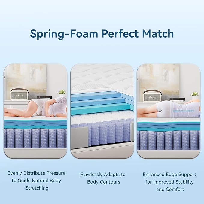 Full Mattress, 10 Inch Hybrid Memory Foam Mattress in a Box, Pressure Relief, Pocket Springs for Motion Isolation, Medium Firm Support, CertiPUR-US Certified, Fiberglass Free