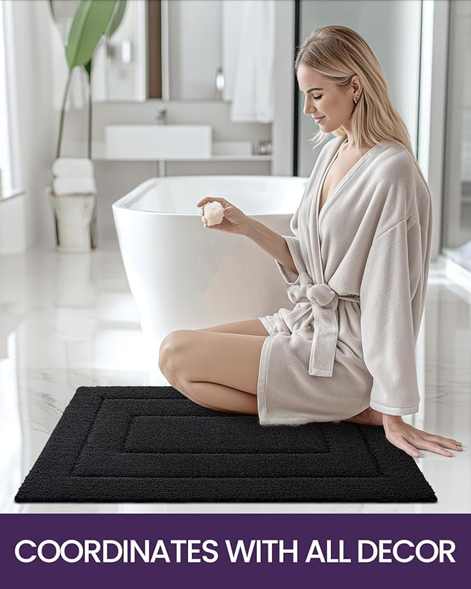 DEXI Bathroom Rug 32x20, Non Slip Washable Bath Mat for Shower Floor, Absorbent Soft Bathmat with Rubber Backing, Quick Dry Microfiber Carpet, Black