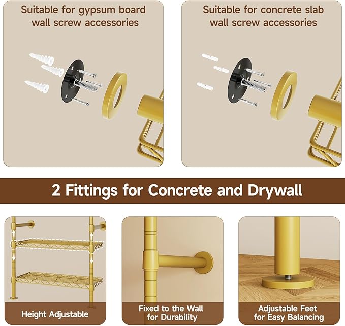 U5 Wall Mounted Closet System, Industrial Pipe Clothing Rack Garment Racks for Hanging Clothes, Heavy Duty Closet Organizers System in Wardrobe Closet, Gold