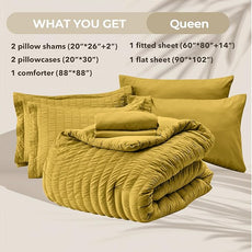 HYMOKEGE Mustard Yellow Queen Comforter Set Seersucker 7 Pieces, All Season Luxury Bed in a Bag Queen for Bedroom, Bedding Set with Comforter, Sheets, Pillowcases & Shams