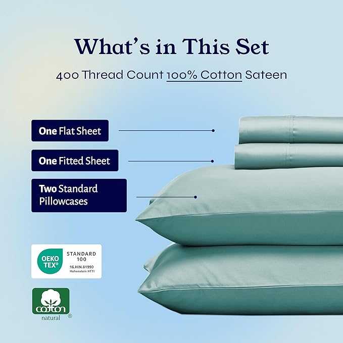 California Design Den Full Size Bed Sheets Set - Soft 400 Thread Count Sateen, Natural 100% Cotton Sheets with Deep Pockets, Breathable, and Durable Bedding Set - Teal CaliforniaDesignDen