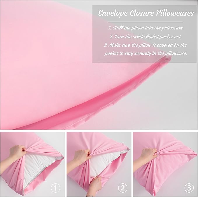 NTBAY Body Pillow Cases Set of 2, 2 Pack Brushed Microfiber 20x54 Pillow Cases, Soft, Wrinkle, Fade, Stain Resistant Pink Pillow Cases with Envelope Closure, 20x54 Inches, Pink