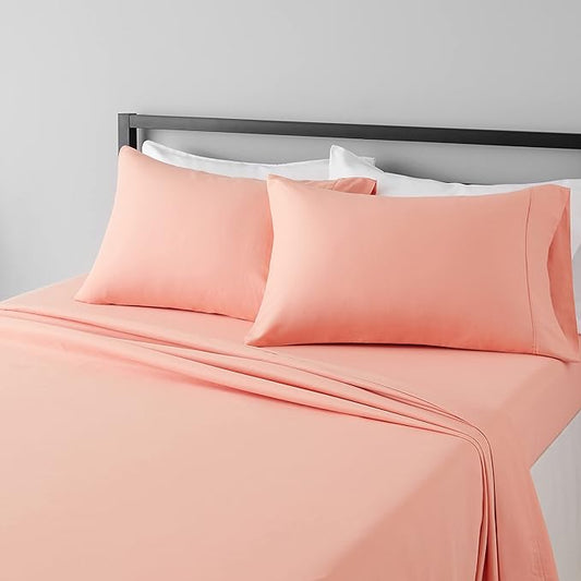 Amazon Basics Lightweight Super Soft Easy Care Microfiber 4-Piece Bed Sheet Set with 14-Inch Deep Pockets, Includes Comfortable Pillowcases, Queen, Peachy Coral, Solid AmazonBasics