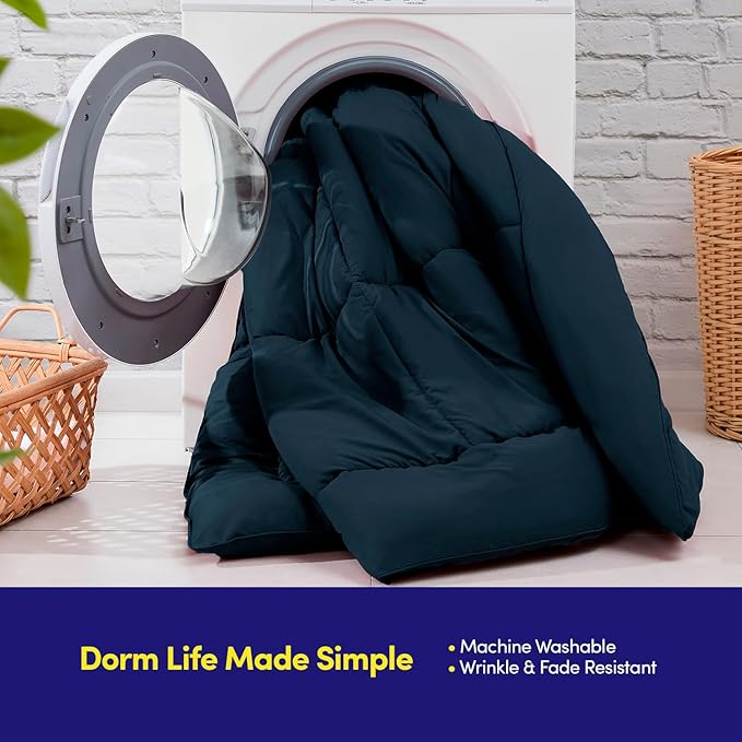 Dorm Room Essentials College Bedding Comforter Set 5 Piece Twin Size Bed in a Bag for College Students Boys and Girls, Twin, Navy Blue