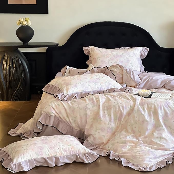 HighBuy Purple Floral Ruffle Duvet Cover Set King Brushed Cotton Durable with Ruffle Edge,Boho Chic Cottagecore Floral Bedding Comforter Cover Set - (1 Duvet Cover with 2 Pillow Shams)