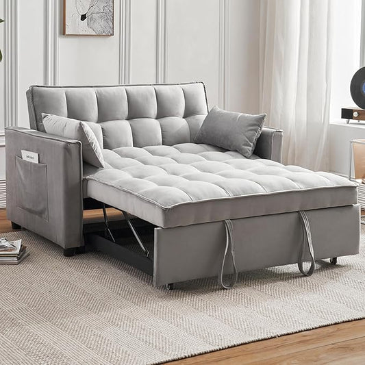 Futon Sofa Bed, 3 in 1 Sleeper Sofa Couch Bed with Armrests, Storage Pockets and 2 Pillows, Adjustable Backrest, Sofa Bed Couch for Living Room, Bedroom, Office,Reading Room(Grey)