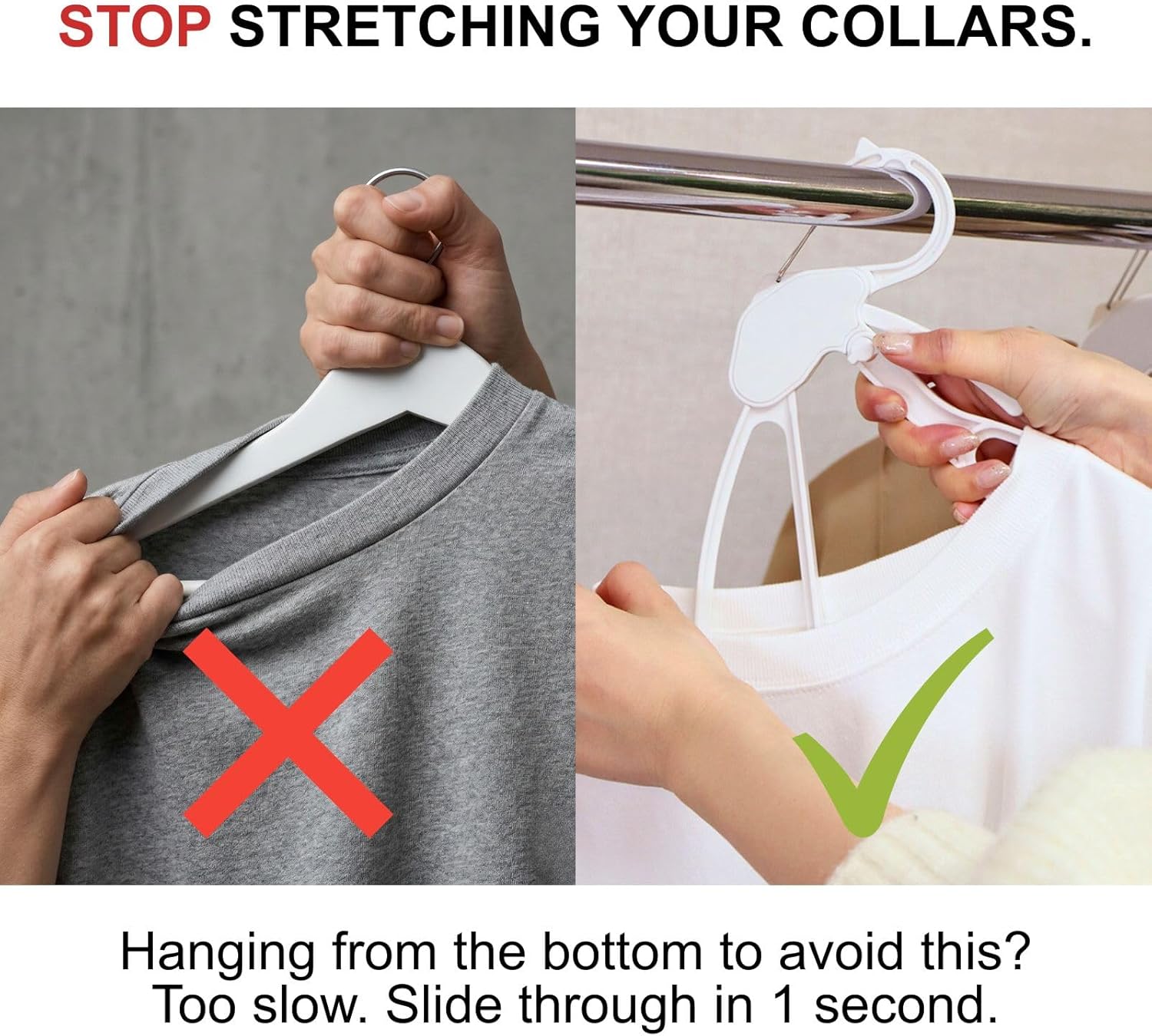 Quick-Release Clothes Hangers for Sweaters & T-Shirts - Neckline Protection, No Stretch, No Shoulder Bumps, Space-Saving Stackable Design [White, Pack of 5]
