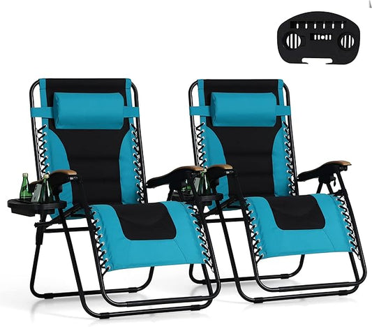PHI VILLA XXL Oversized Padded Zero Gravity Chair Set of 2, Foldable Patio Recliner, 30" Wide Seat Anti Gravity Lounger with Armrest and Cup Holder, Support 400 LBS (Aqua Blue)