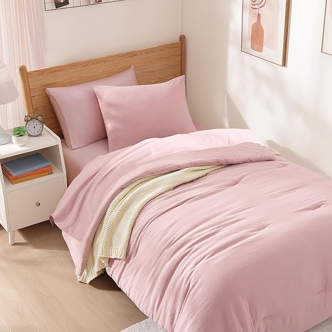 WRENSONGE Twin Comforter Set- 5 Pieces Soft Pink Twin Bed in a Bag, All Season Twin XL Bedding Sets with 1 Fitted Sheet, 1 Flat Sheet, 1 Pillow Sham and 1 Pillowcase