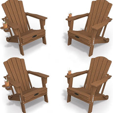 Adirondack Chair Set of 4, Folding All-Weather Outdoor HDPE Patio Chair with Cup Holder, Wood