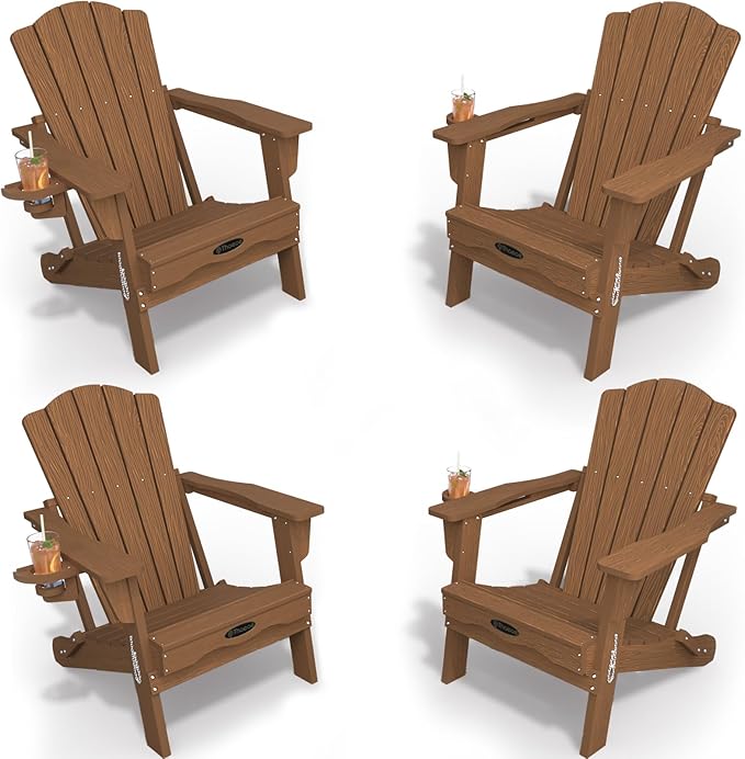 Adirondack Chair Set of 4, Folding All-Weather Outdoor HDPE Patio Chair with Cup Holder, Wood
