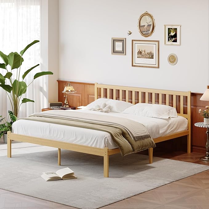 14 in High Solid Bamboo Wood King Size Bed Frame with Headboard, Platform Bed Frame King, Heavy Duty, No Box Spring Needed, Nosie Free