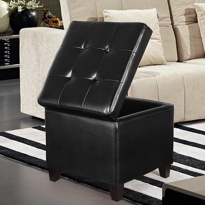 Black PU Leather Square Storage Ottoman Lift Top Footstool with Wood Legs, 18"x18"x18"
