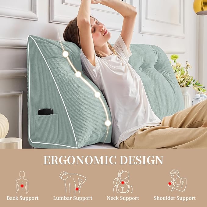Sasttie Headboard Pillow Twin/Twin XL, Wedge Pillow Headboard for Dorm, Triangular Daybed Backrest Cushion for Sitting or Reading in Bed, with Removable Washable Cover, Mint Green