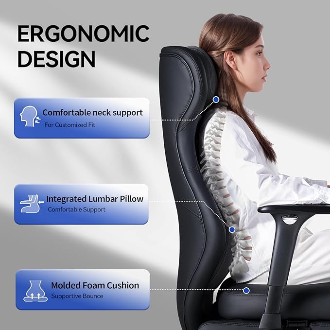 EMIAH Ergonomic Office Chair with Foot Rest Reclining Office Chair with Adjustable Arms and Headrest High Back Gaming Chair with Lumbar Support, PU Leather（Black）