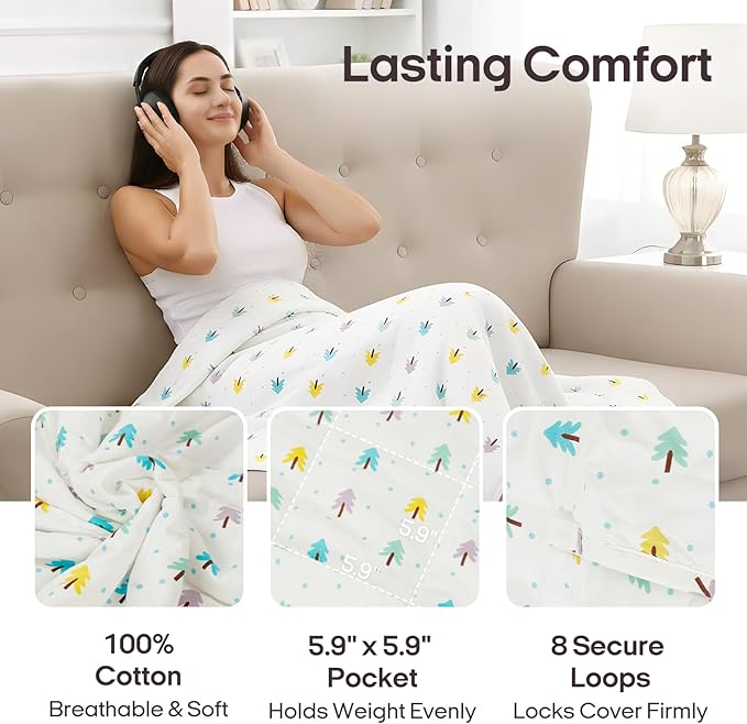 ZonLi Weighted Blanket for Adults (100% Cotton, 60"x80", 17lbs, Queen Size Small Tree Print) High Breathability Heavy Blanket, Soft Material with Premium Glass Beads, All-Season, Easy Care