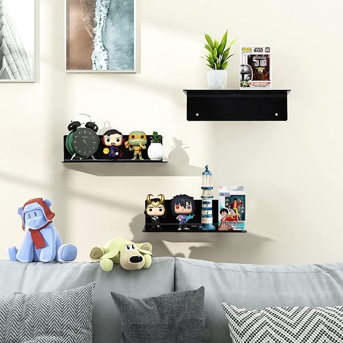 9 Inch Acrylic Floating Shelf No Drill Adhesive Wall Shelf Set of 4 for Funko Pop Storage, Floating Shelves Damage-Free Expand Wall Space for Living Room, Bathroom, Gaming Room, Office - Black