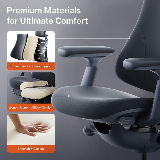 LiberNovo Dynamic Ergonomic Desk Chair + StepSync Footrest Bundle - Comfy Home Office Chair with Adaptive Lumbar Support, 160° Recline & Built-in Spine Stretch, Black+48cm