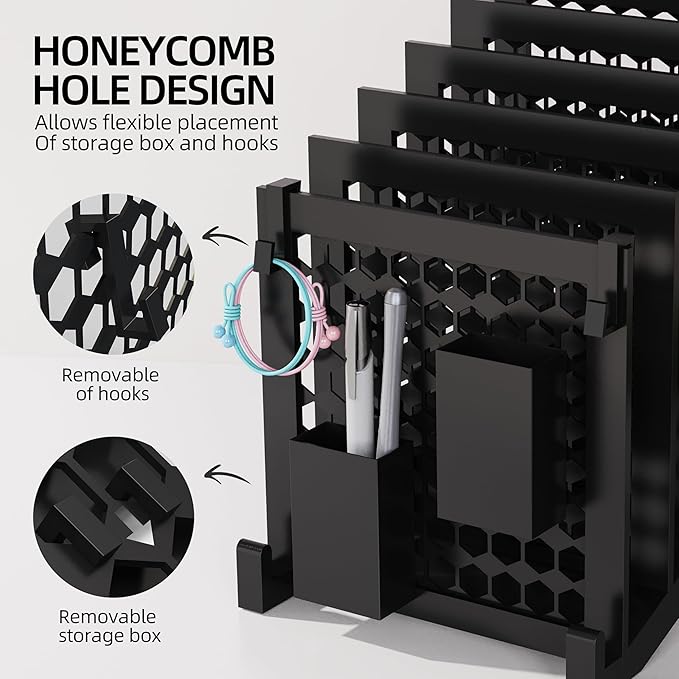 File Organizer for Desk with Storage Box & Hook, Inclined Desk File Organizer with 5-Section Vertical File Holder suitable for Home Office Document Organization（Black）