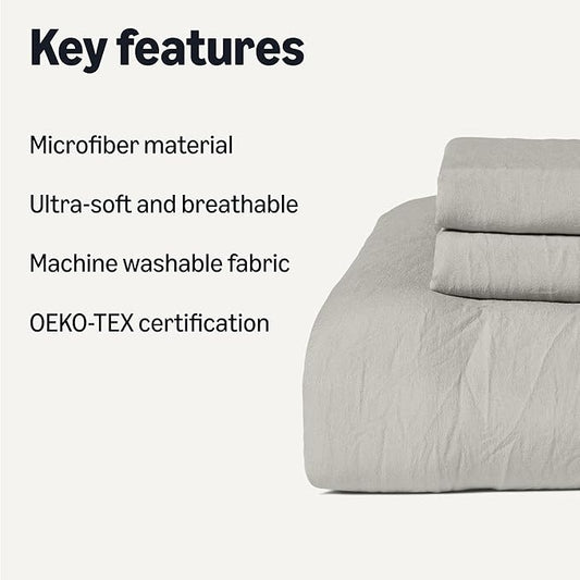 Amazon Basics Brushed Microfiber Comforter Set, Extra Soft with Natural Texture, 3-Piece, Queen/Full, Grey