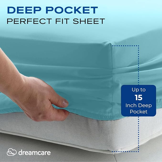 DREAMCARE Full Size Sheets Set - 4 Pcs Cooling Bed Sheets with Up to 15" Deep Pockets - Soft, Long-Lasting 100% Brushed Polyester with Side Pocket (Spa Blue) DREAMCARE