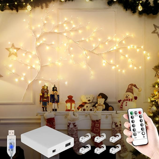 Enchanted Willow Vine Lights, 7.55FT 144LED 1 PCS White Tree Branch Lights for Wall, Remote Timer,8 Light Model,Bedroom Wall Doors Wedding, Christmas, USB Battery Box