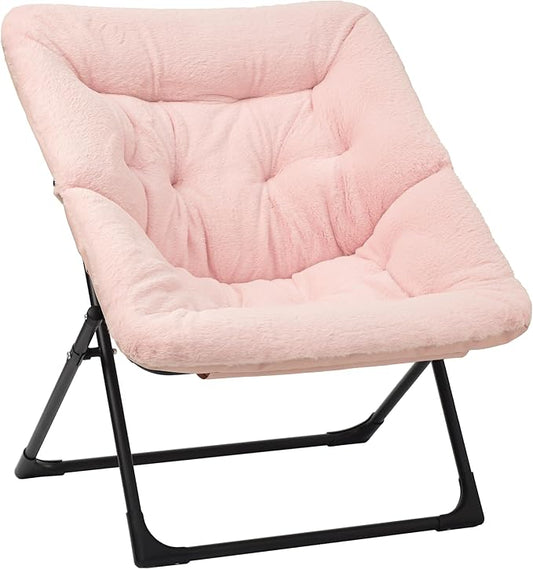 Comfy Saucer Chair for Adults, Soft Faux Fur Bedroom Chair, Accent Dorm Chairs, Flexible Living Room Reading Chairs, Oversized Folding Lounge Seat for Teens, X-Large, Light Pink