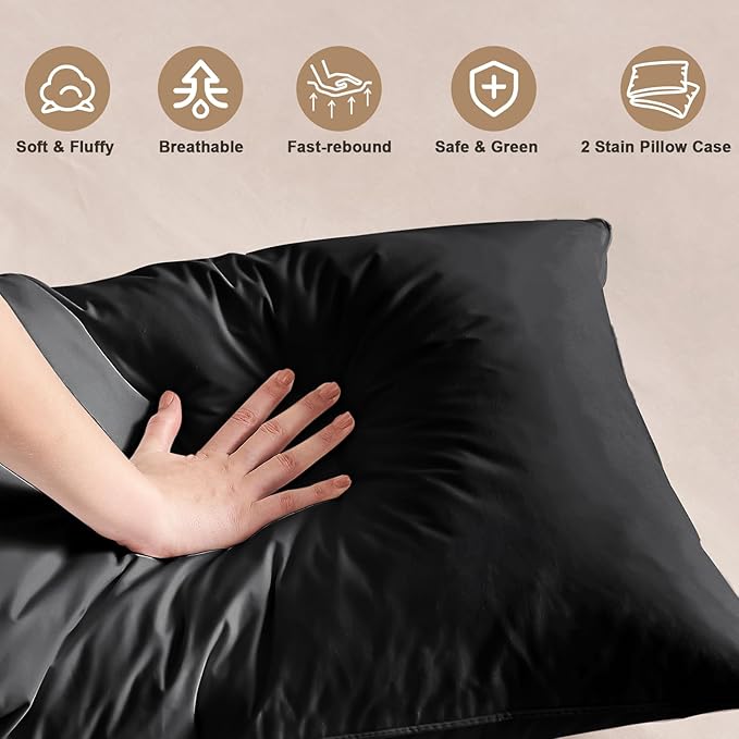 BHZ Black Satin Goose Down Feather Pillows King Size Set of 2 with Black Satin Pillowcase for Hair and Skin, Cooling Pillow Cases Similar to Silk Pillow Cases, Decor for Women, Mom