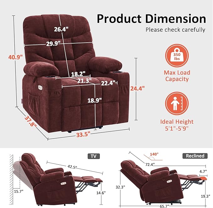 MCombo Power Lift Recliner Chair with Extended Footrest for Elderly People, Fabric 7287 (Burgundy, Medium)