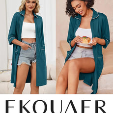 Ekouaer Zipper Robes for Women 3/4 Sleeve Housecoats Knee Length Bathrobe Lightweight Nightgown with Pockets S-3XL