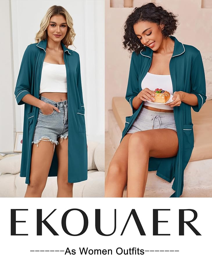 Ekouaer Zipper Robes for Women 3/4 Sleeve Housecoats Knee Length Bathrobe Lightweight Nightgown with Pockets S-3XL