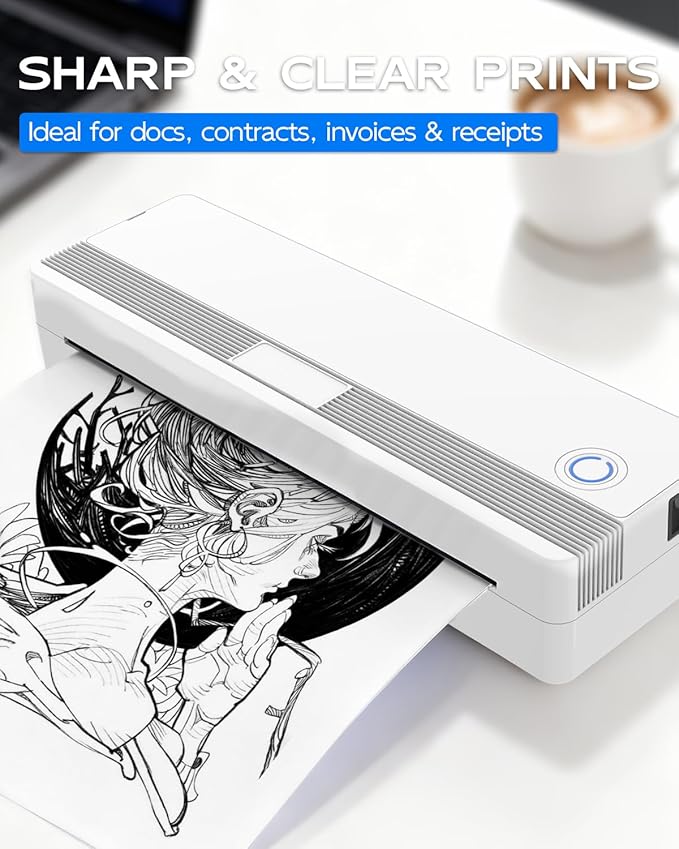 Bluetooth Portable Thermal Printer for Phone & Laptop, Inkless Travel Printer Support 3”/4”/8” Roll Paper, Small Mobile Printers for A4 Documents, Contracts, Receipts(Includes 2 Rolls Paper)