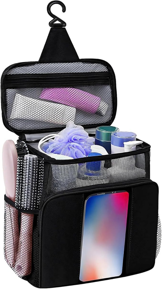 Shower Caddy for Dorm, Portable Hanging Shower Bag with Metal Hook, Oxford Cloth Quick Dry Mesh Organizer for Bathroom Essentials, Phone Pouch, 10.04 x 9.84 x 5.57 in/25.5 cm x 24.99 x 14.15 cm