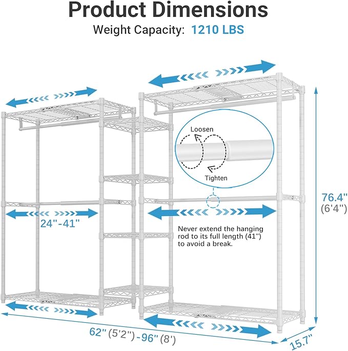 VIPEK X3 Expandable Heavy Duty Clothes Rack Adjustable from 5'2" to 8' with Flexible Shelves and Hanger Rods, Large Freestanding Clothing Racks for Hanging Clothes, Max Load 1210LBS, White