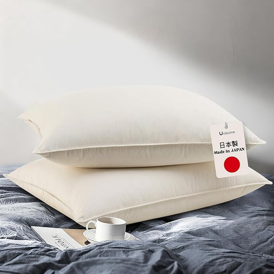 UNIKOME White Goose Down Feather Pillows - 100% Organic Cotton Cover - Standard Size Pillow Set of 2, Made in Japan Pillow for Sleeping