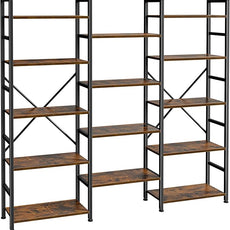 SUPERJARE Triple 5 Tier Bookshelf, Bookcase with 14 Open Display Shelves, Wide Book Shelf Book Case for Home & Office, Rustic Brown