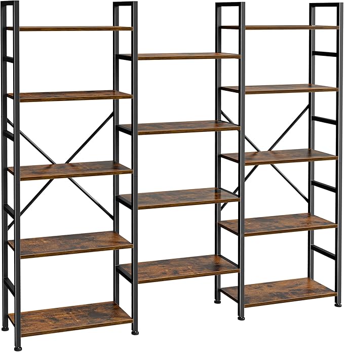 SUPERJARE Triple 5 Tier Bookshelf, Bookcase with 14 Open Display Shelves, Wide Book Shelf Book Case for Home & Office, Rustic Brown
