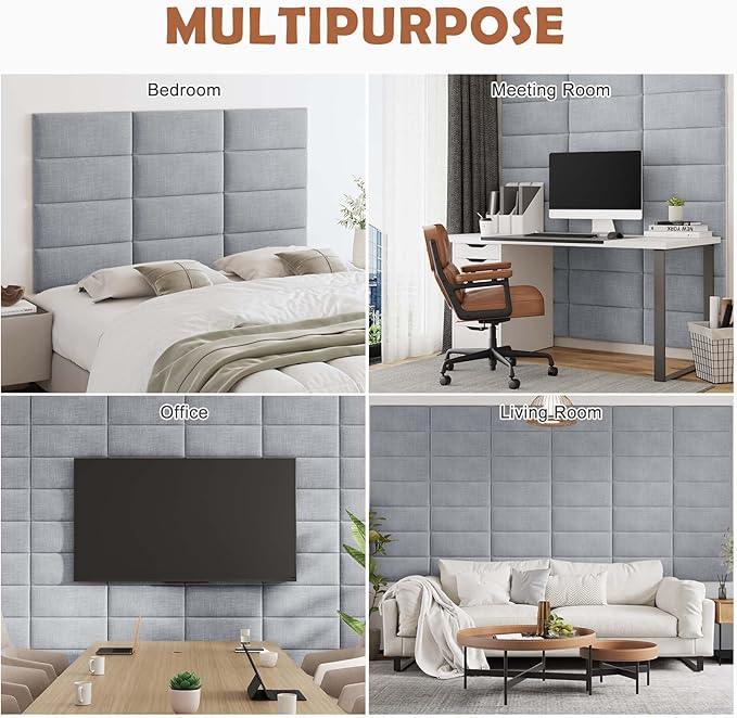 IFNOW Upholstered Wall Mounted Headboard, 3D Soundproof Wall Panels Peel and Stick for King Size, Reusable and Removable Tufted Bed Headboard in Light Grey (12 Panels, 10" x 24")