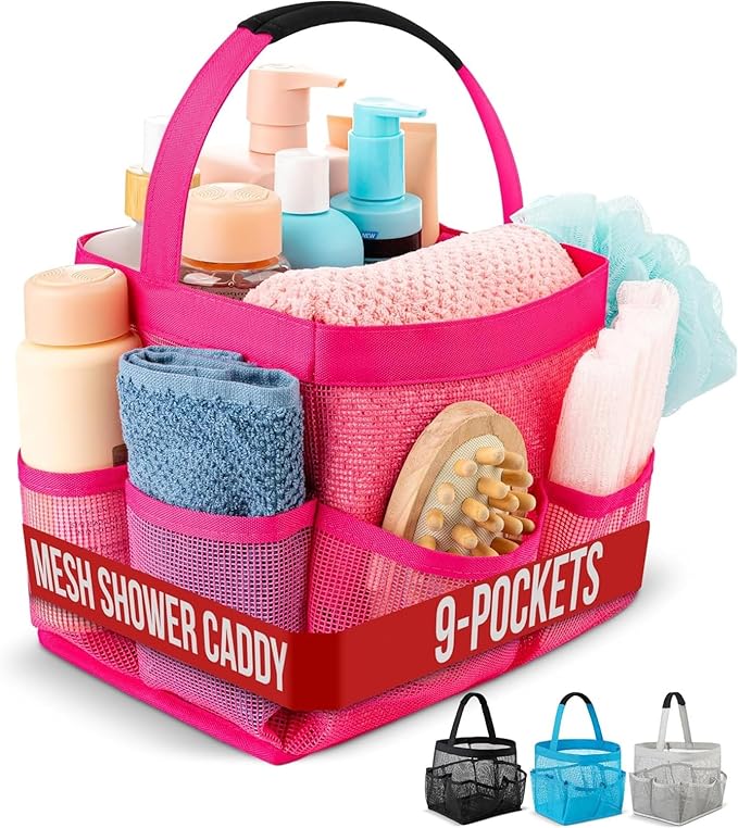 Masirs Shower Caddy Mesh - 9 Pocket Portable Bathroom Organizer Tote for Travel, Gym & Dorm - Collapsible Small Shower Caddy Bag to Hold Toiletries & Essentials (Pink)