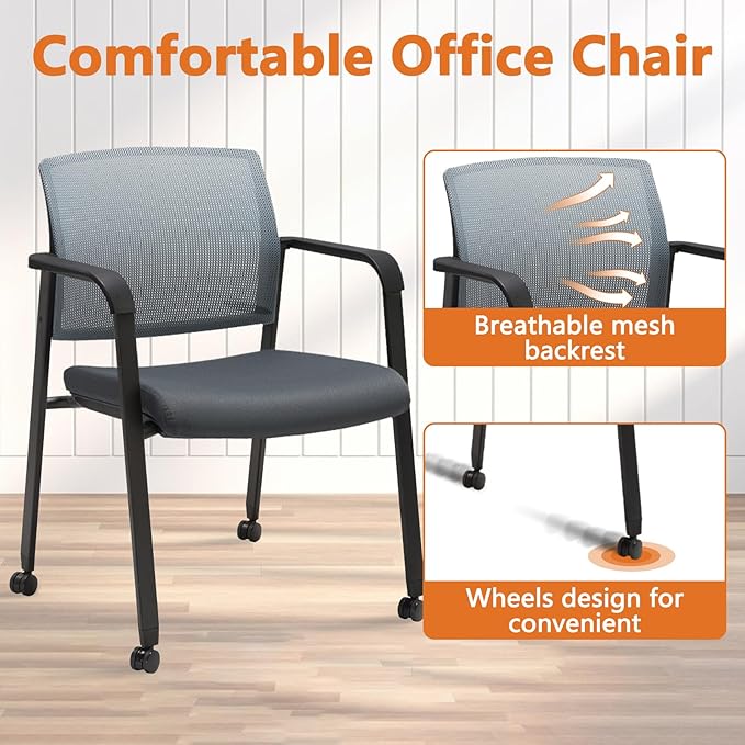 CLATINA Grey Waiting Room Chair with Wheels Mesh Back Stacking Arm Chairs with Upholstered Fabric Seat and Ergonomic Lumbar Support for Office School Church Guest Reception