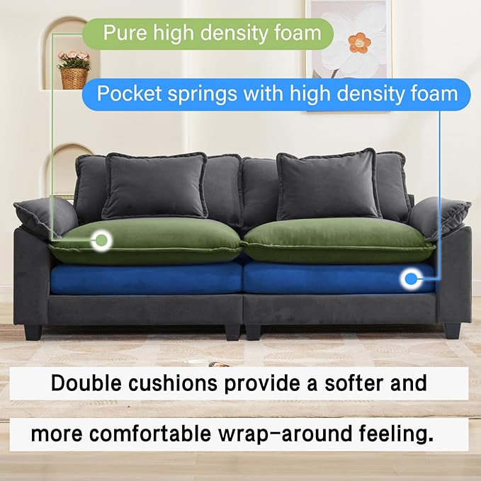 86" Modular Sectional Sofa, Comfy Cloud Couch Sectional Sofa with Ottoman, Velvet Sofa Sleeper Deep Seat Sofa with Throw Pillows for Living Room (Blue Gray, 86"- Loveseat)