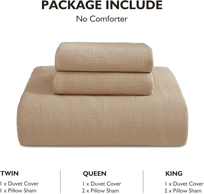EMME Muslin Cotton Duvet Cover Set Khaki Queen Size Linen Like Soft Breathable Lightweight Summer Comforter Cover Set with Zipper Closure (Khaki, Queen, 90"x90")