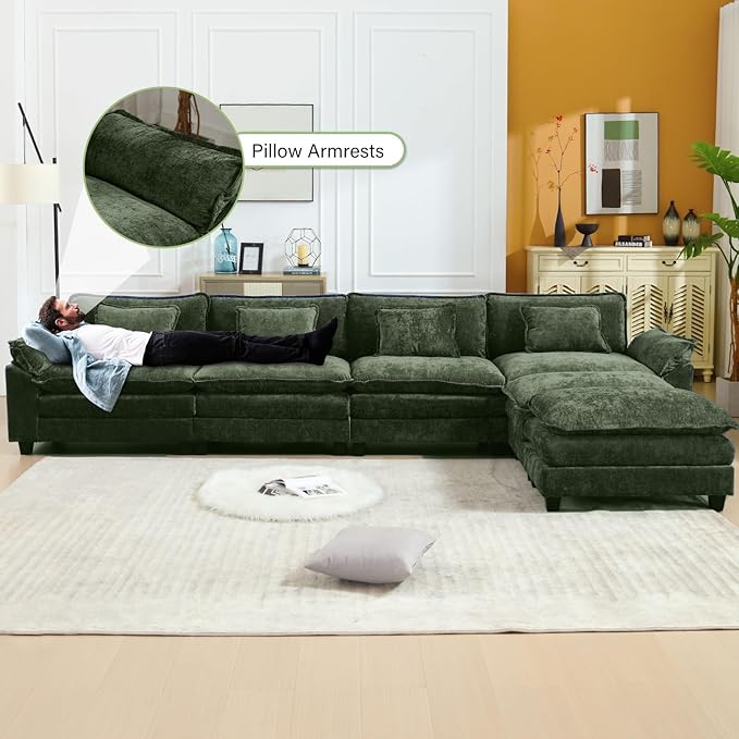 154" Modular Sectional Sofa, Comfy Cloud Couch Sectional Sofa with Ottoman, Chenille Sofa Sleeper Deep Seat Sofa with Throw Pillows for Living Room (Green, 154"- U Shape)