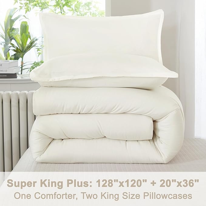 Litanika Comforter Set, Lightweight Solid Bedding Comforter Set, Fluffy Down Alternative Bed Set, Cream, Super King Plus