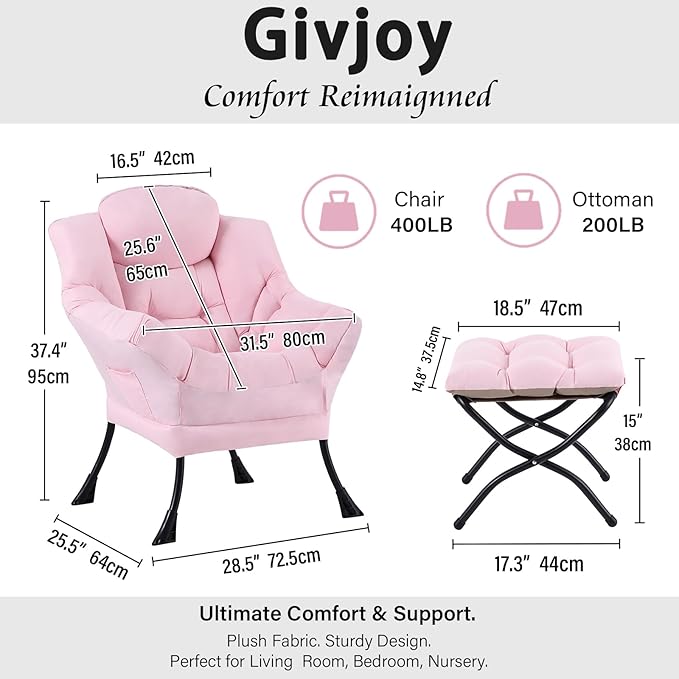 Cozy Lazy Chair and Ottoman, Large Contemporary Accent Lounge Chair Set, Leisure Upholstered Reading Armchair for Bedroom, Living Room, Dorm Rooms, Office, Peach Pink