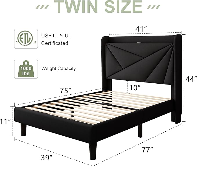 Feonase Twin Size Bed Frame with Charging Station, Upholstered Linen Bedframe with Wingback Headboard, Solid Wood Slats Support, No Box Spring Needed, Noise Free, Black
