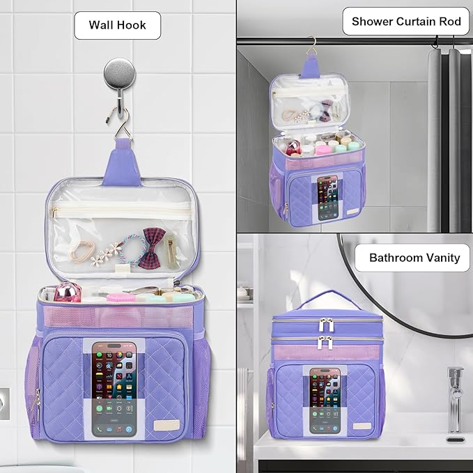 Portable Shower Caddy College, Quickly Dry Tolietry Mesh Tote Bag for Dorm Room Essentials, Hanging Bathroom Organizer Bag for Travel, Gym, Camping (Purple)