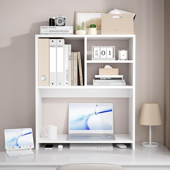 Jerry & Maggie Desktop Bookshelf Organizer, 4-Tier Desk Shelf with Hutch for Computer Desk, Wall Shelf Organizer & Room Decor Aesthetic, Dorm & Office Storage for Books, Laptop (White/26 in)